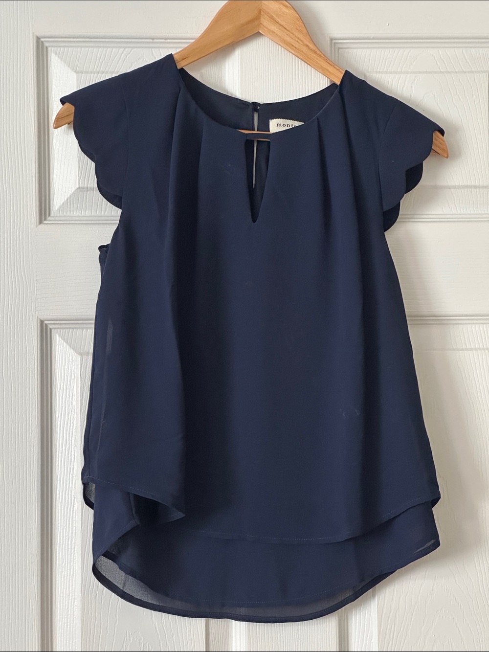 Monteau Navy Scalloped Flutter Sleeve Blouse